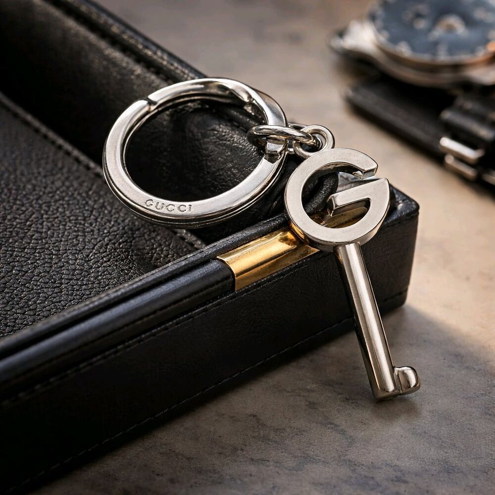 Gucci G Logo Key Charm Keychain Silver Tone Spring Gate Ring Italy